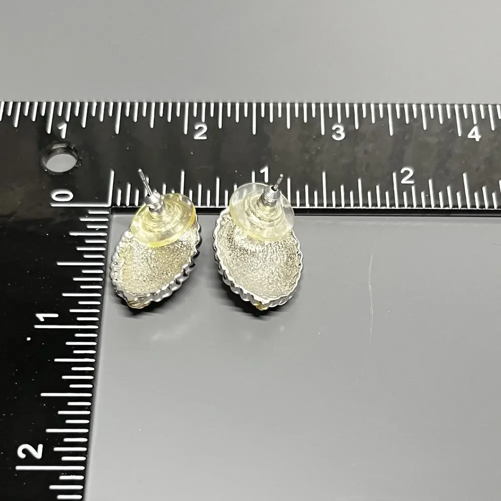 Textured Silver Tone Gold Accent Ribbed Oval‎ Leaf Earrings Women’s Classic Post